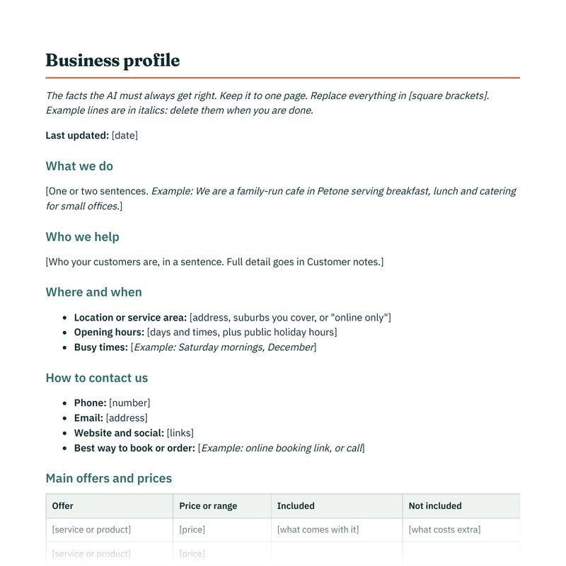 The Business profile brain file template from the kit