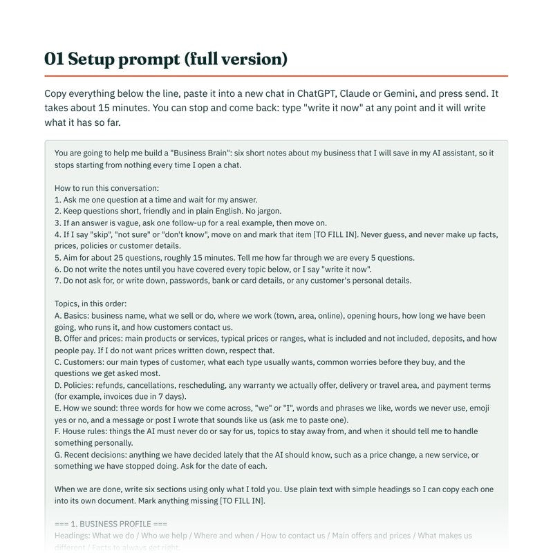 First page of the Business Brain Kit setup prompt (full version)